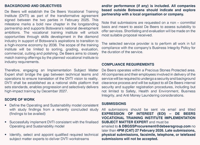 DE BEERS  EXPRESSION OF INTEREST (EOI) – DE BEERS VOCATIONAL TRAINING INSTITUTE IMPLEMENTATION SUBJECT MATTER EXPERT